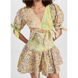 ALÉMAIS Floral Print Mini Dress Puff Sleeve Tie Cutout‎ Backless Yellow US 10